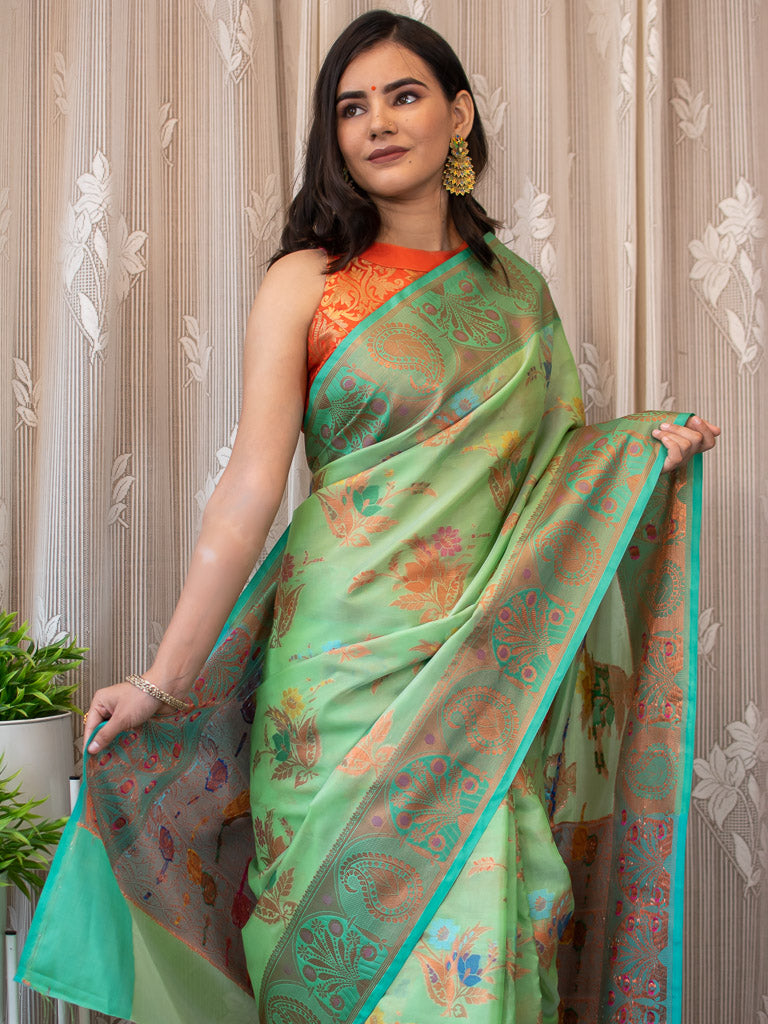Banarasi Cotton Silk Saree With Floral Zari & Meena Weaving  Border-Green