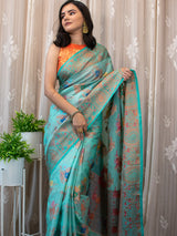 Banarasi Cotton Silk Saree With Floral Zari & Meena Weaving  Border-Blue
