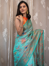 Banarasi Cotton Silk Saree With Floral Zari & Meena Weaving  Border-Blue