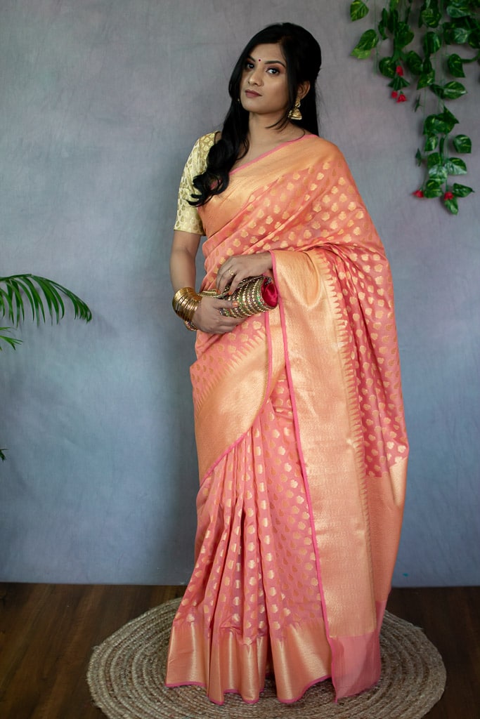 Banarasi Cotton Silk Saree With Small Buti Weaving-Orange