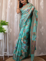Banarasi Cotton Silk Saree With Floral Zari & Meena Weaving  Border-Blue