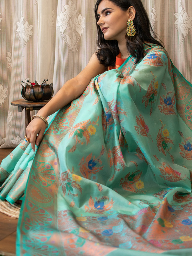 Banarasi Cotton Silk Saree With Floral Zari & Meena Weaving  Border-Blue