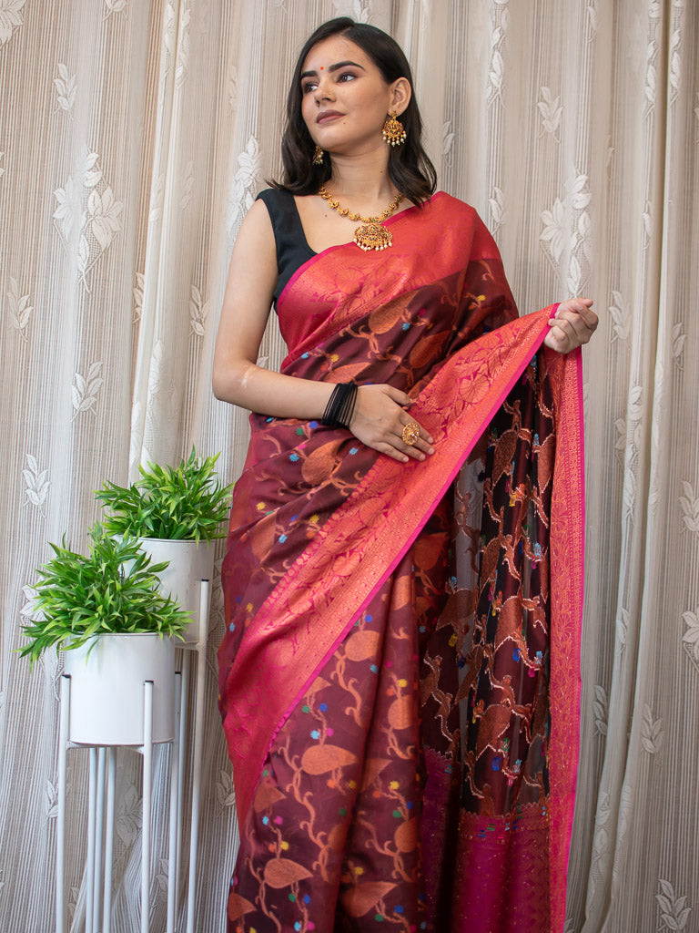 Banarasi Cotton Silk Saree With Antique Zari Weaving  Border-Brown