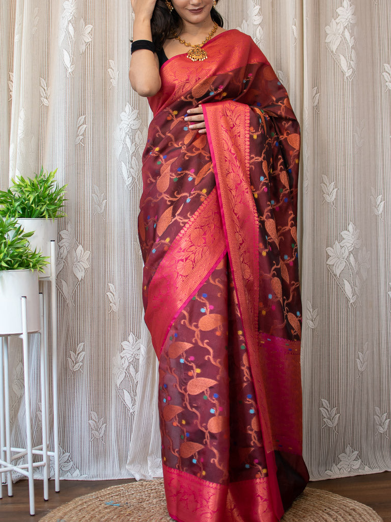 Banarasi Cotton Silk Saree With Antique Zari Weaving  Border-Brown