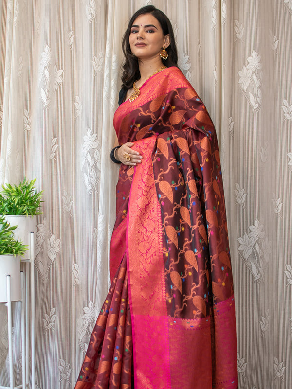 Banarasi Cotton Silk Saree With Antique Zari Weaving  Border-Brown