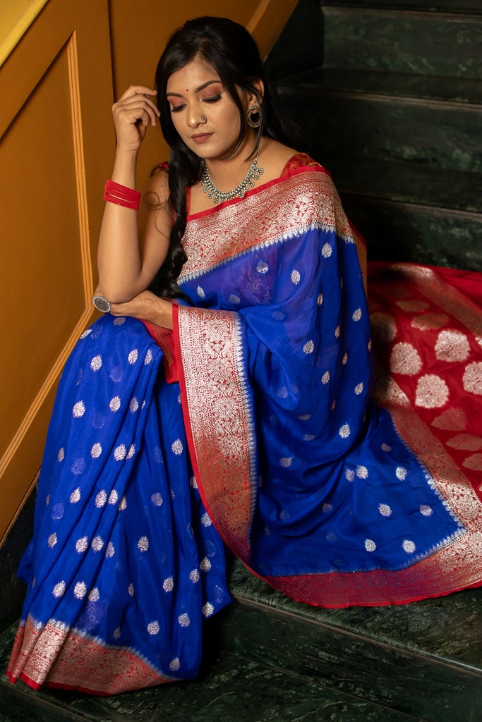 Banarasi Dual Tone Semi Chiffon Saree Silver  Zari Buti Weaving