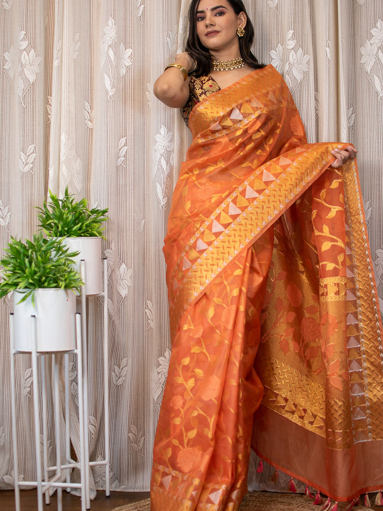 Banarasi Organza Mix Saree With Jamdani Weaving-Orange