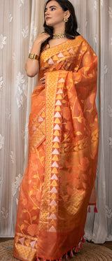 Banarasi Organza Mix Saree With Jamdani Weaving-Orange