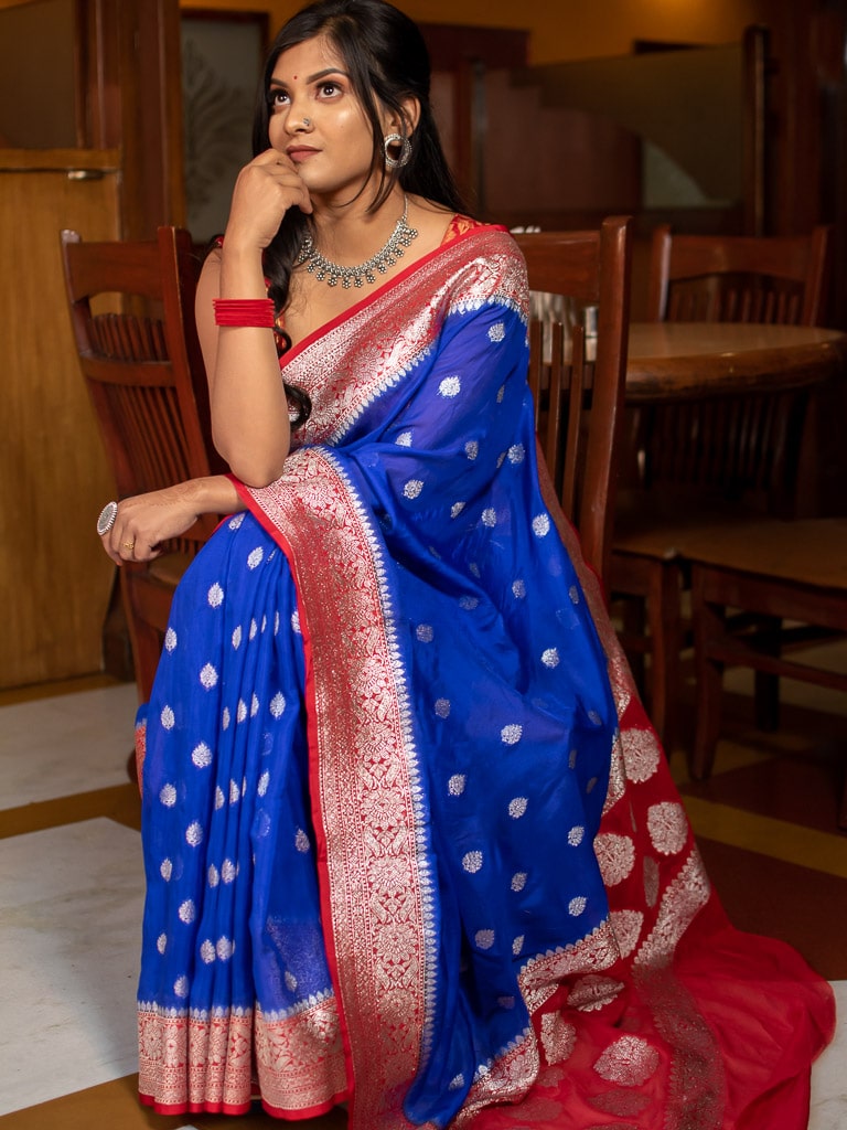 Banarasi Dual Tone Semi Chiffon Saree Silver  Zari Buti Weaving