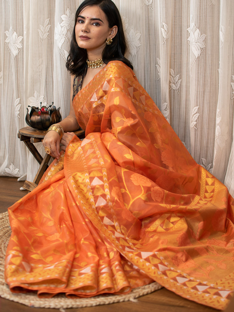 Banarasi Organza Mix Saree With Jamdani Weaving-Orange