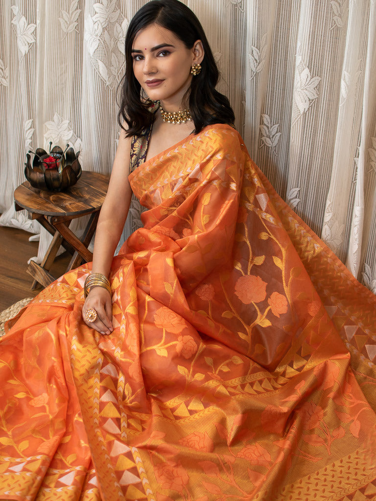 Banarasi Organza Mix Saree With Jamdani Weaving-Orange