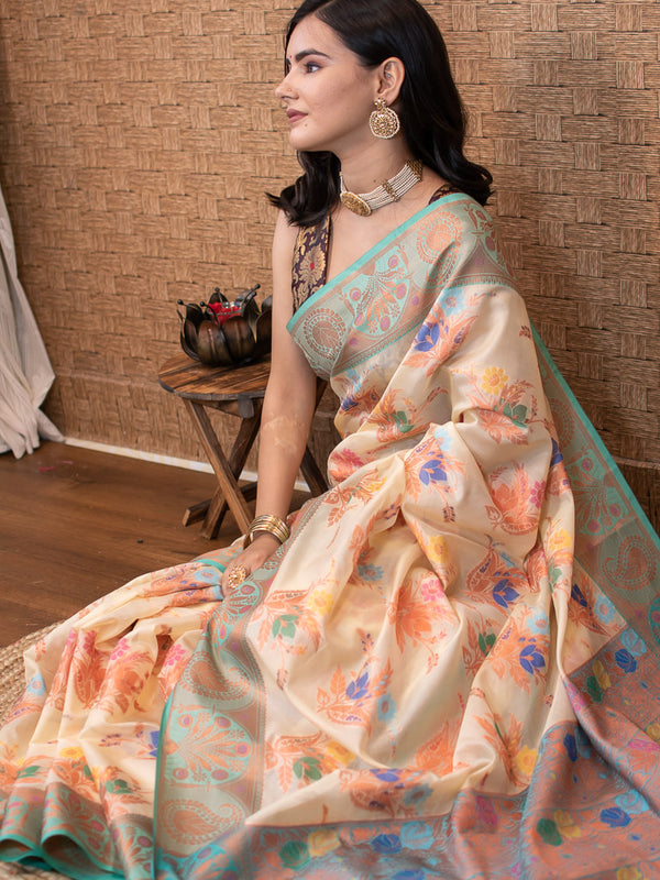 Banarasi Cotton Silk Saree With Floral Zari & Meena Weaving  Border-Off White