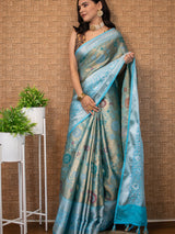 Banarasi Semi Silk Saree With Tanchoi Meena & Zari Weaving-Blue