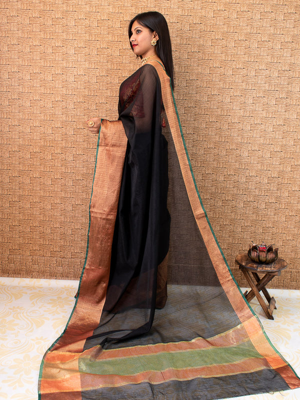 Banarasi Cotton Silk Saree Plain Body With Antique Zari Border -Black