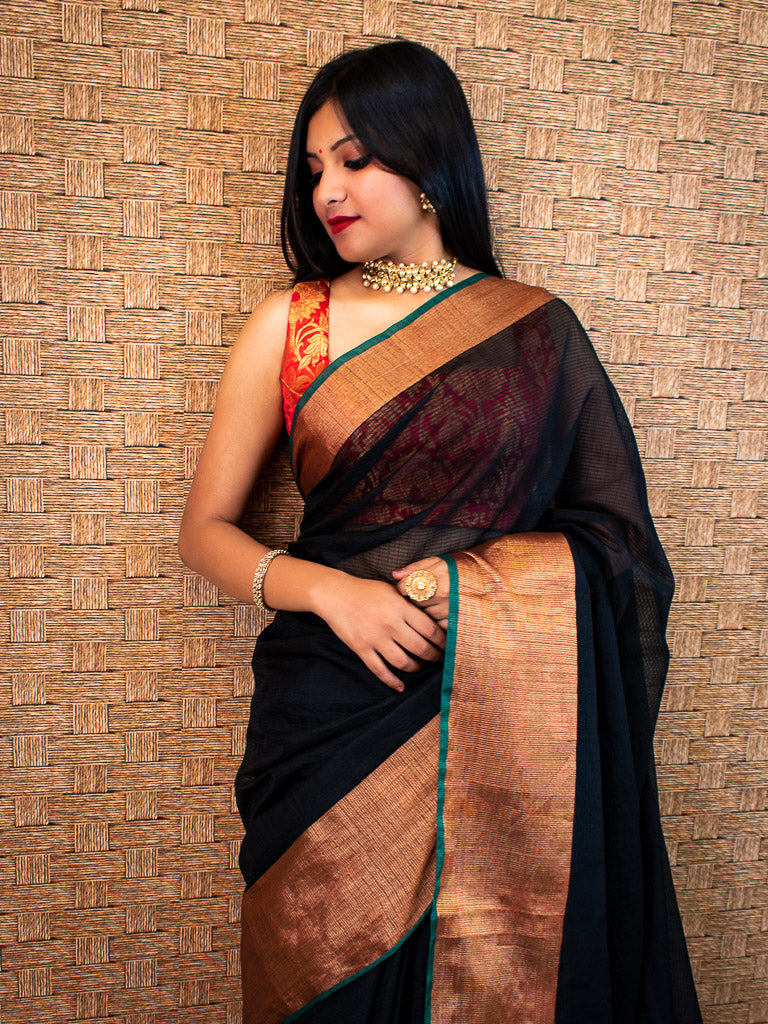 Banarasi Cotton Silk Saree Plain Body With Antique Zari Border -Black