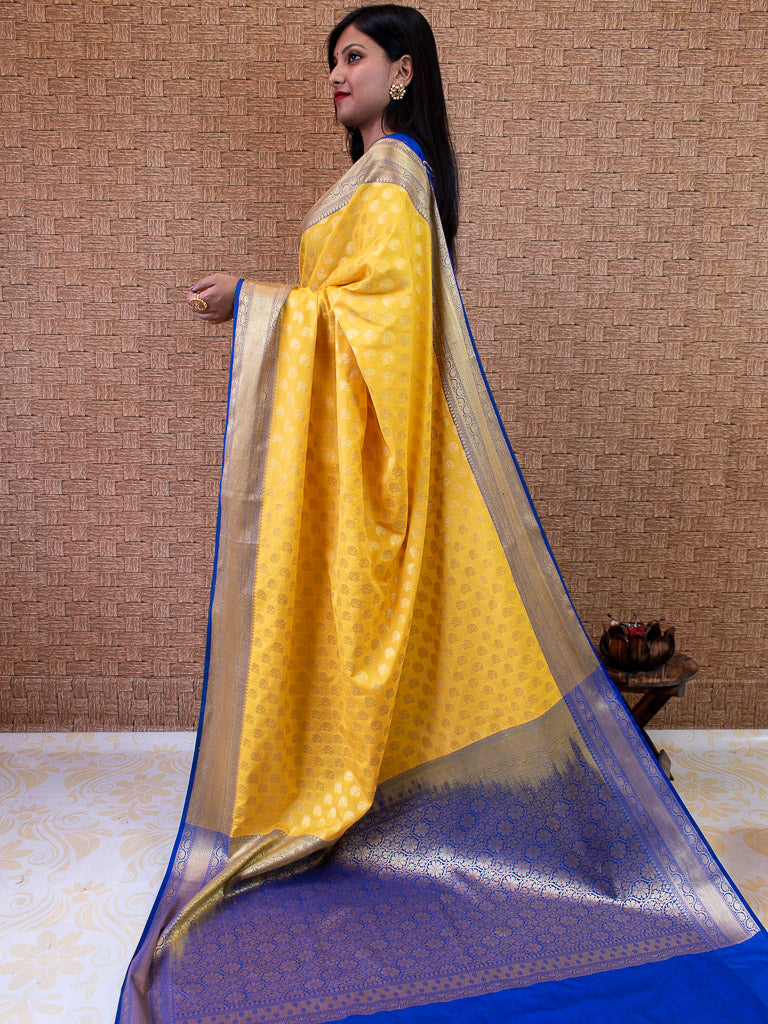 Banarasi Semi Silk Saree With Zari Buti Weaving & Contrast Border-Yellow