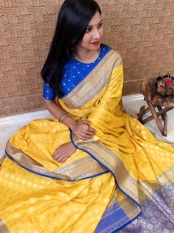 Banarasi Semi Silk Saree With Zari Buti Weaving & Contrast Border-Yellow