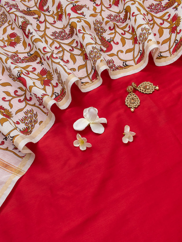 Banarasi Plain Cotton Salwar Kameez With Floral Printed Dupatta-Red