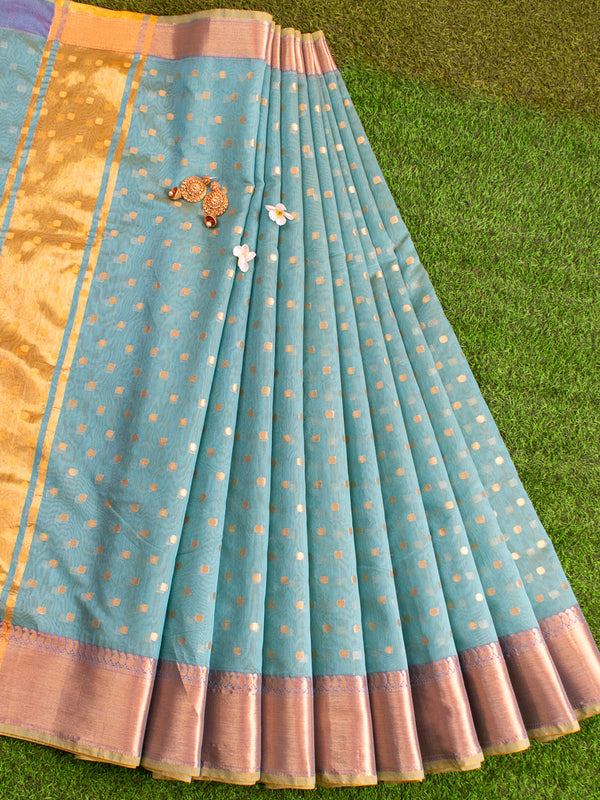 Banarasi Chanderi Cotton Zari Polka Dots Weaving - SKy Blue