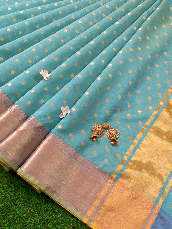 Banarasi Chanderi Cotton Zari Polka Dots Weaving - SKy Blue