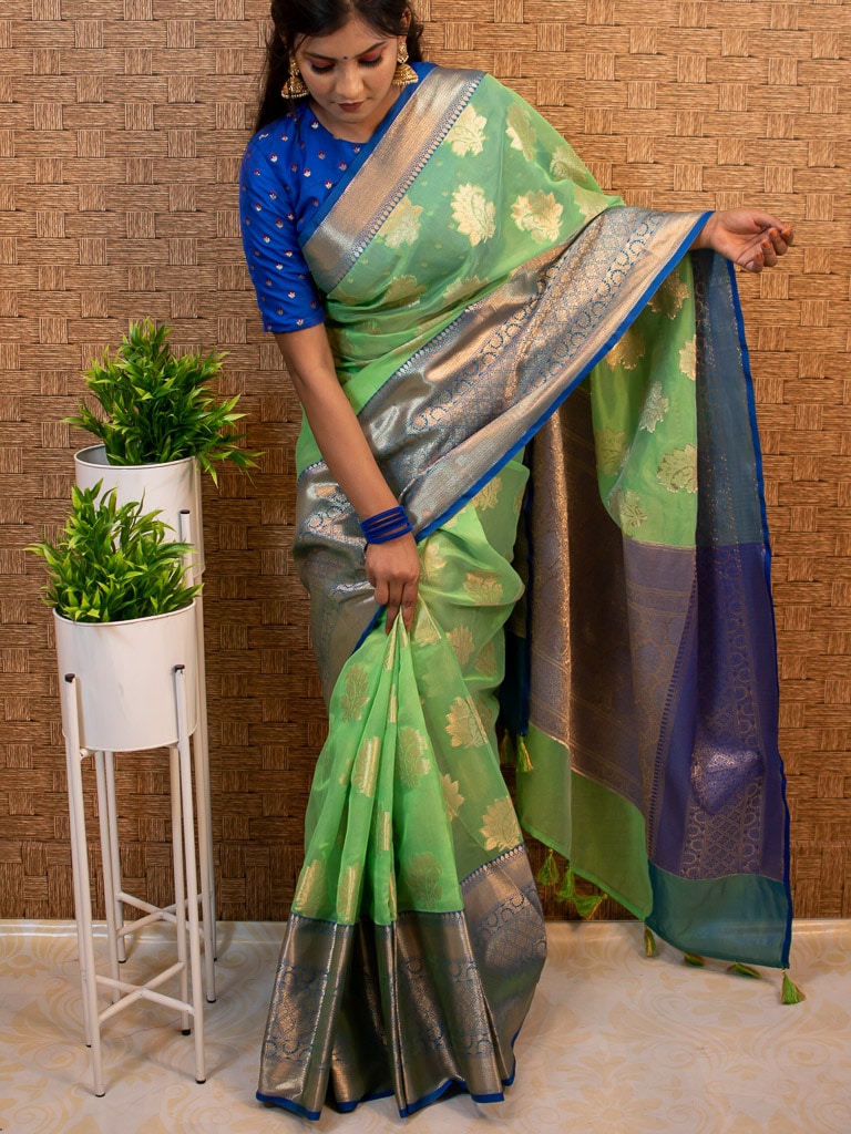 Banarasi Semi Silk Saree With Contrast Floral Buti Weaving Border-Green