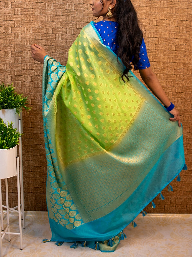 Banarasi Glossy Semi Silk Saree With  Zari Weaving & Contrast Skirt Border-Green & Blue