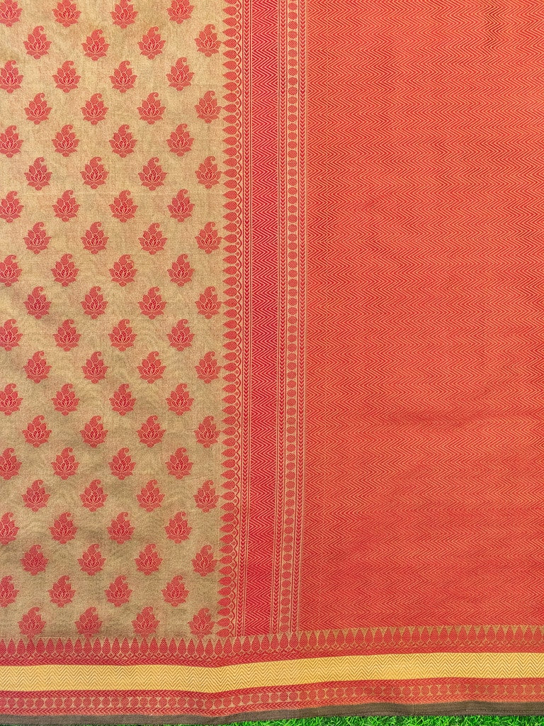 Banarasi Cotton Silk Saree With Resham Buti Weaving Border-Light Brown