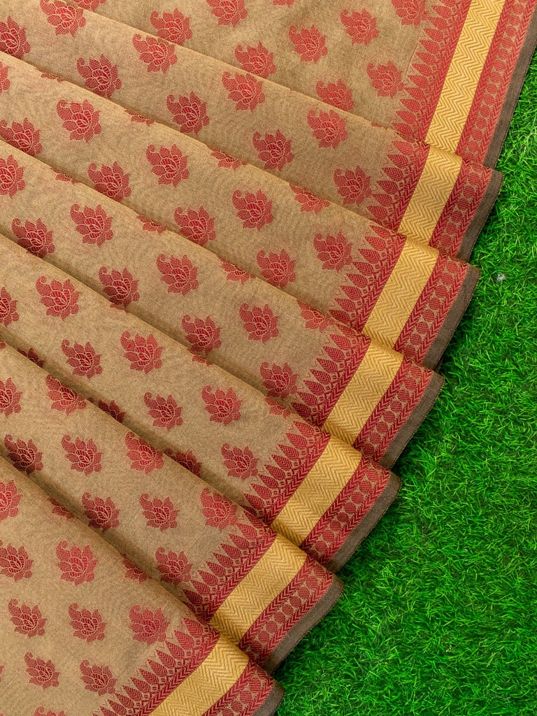 Banarasi Cotton Silk Saree With Resham Buti Weaving Border-Light Brown