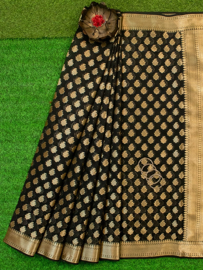 Banarasi Semi Silk Saree With Zari Buti Weaving-Black