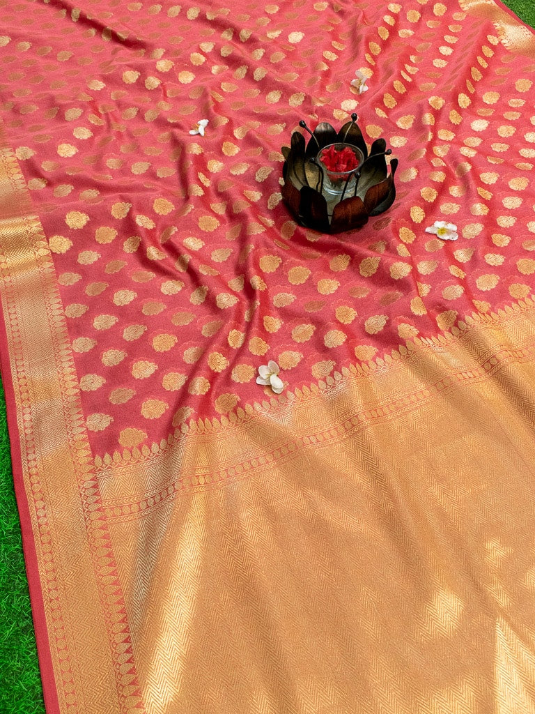 Banarasi Semi Silk Saree With Zari Buti Weaving-Peach