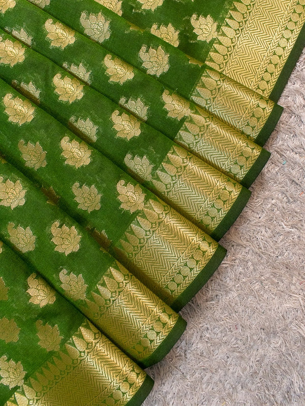 Banarasi Semi Silk Saree With Zari Buti Weaving-Green