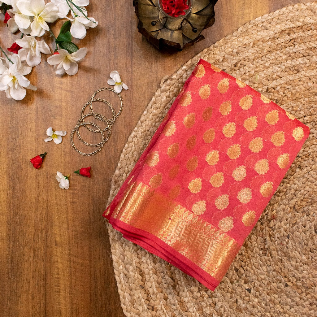 Banarasi Semi Silk Saree With Zari Buti Weaving-Peach