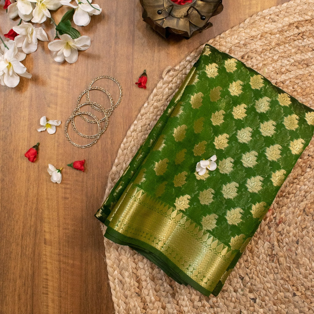 Banarasi Semi Silk Saree With Zari Buti Weaving-Green