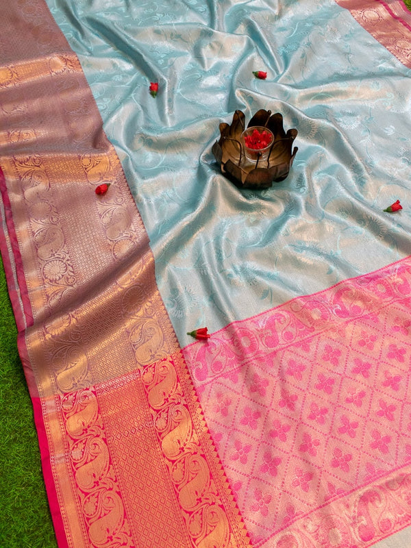 Banarasi Kora Muslin Saree With Tanchoi Weaving & Contrast  Border-Sky Blue