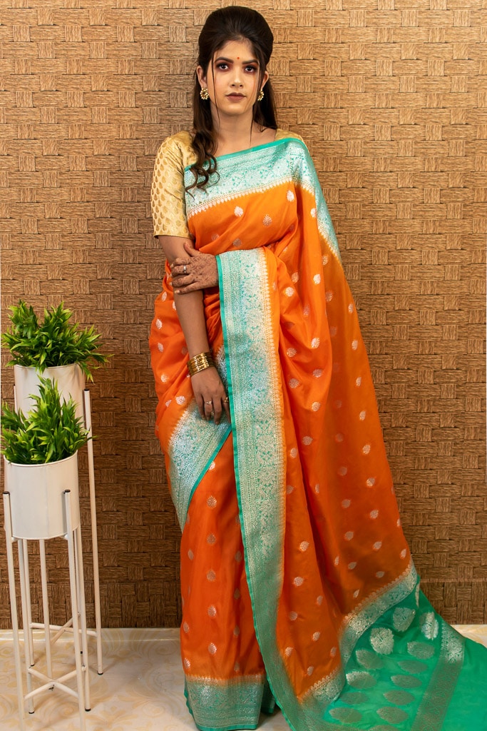 Blue Flame Pure Silk Chiffon Saree with Orange Tassels and Blouse Embr –  EAST & GRACE