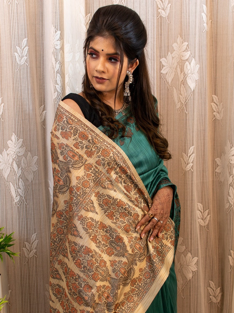 Banarasi Ghiccha Saree With Contrast Pallu-Beige & Teal