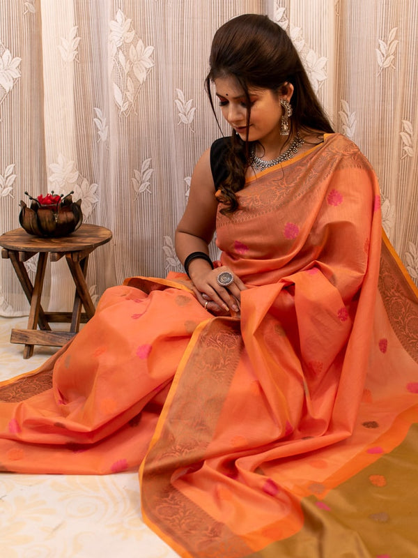Banarasi Soft Cotton Saree With Meena Floral Weaving & Resham Border -Peach