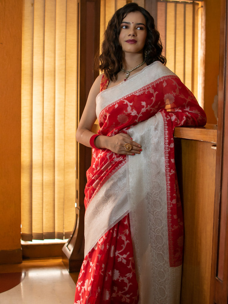 Banarasi Semi Silk Saree With Zari Jaal Weaving-Red & White