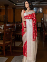 Banarasi Semi Silk Saree With Zari Jaal Weaving-Red & White