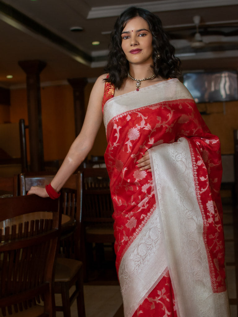 Banarasi Semi Silk Saree With Zari Jaal Weaving-Red & White