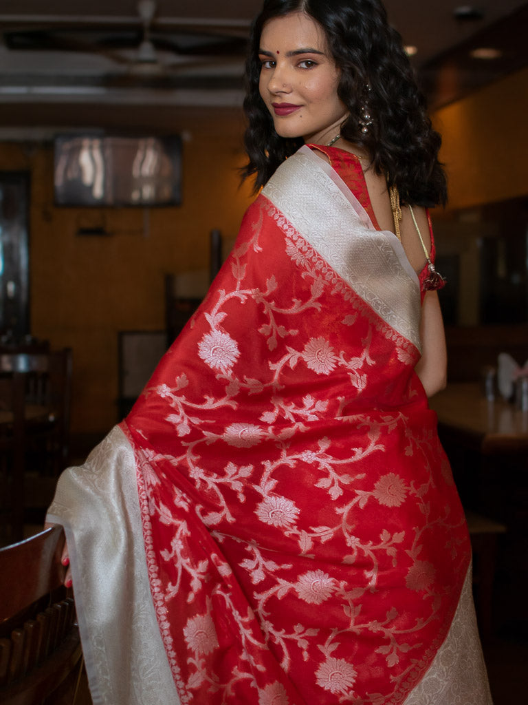 Banarasi Semi Silk Saree With Zari Jaal Weaving-Red & White