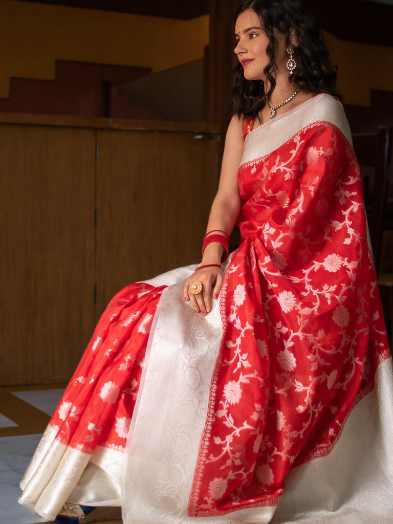 Banarasi Semi Silk Saree With Zari Jaal Weaving-Red & White