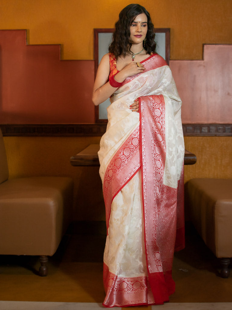 Banarasi Semi Silk Saree With Zari Jaal Weaving-White & Red
