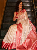 Banarasi Semi Silk Saree With Zari Jaal Weaving-White & Red