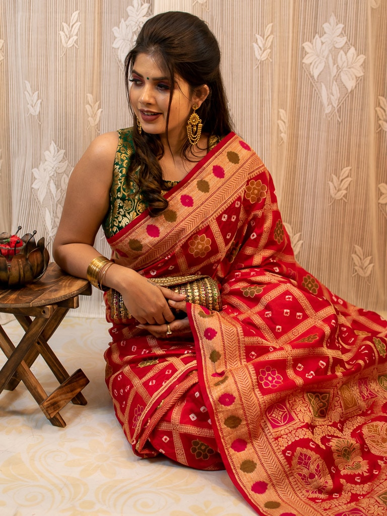 Banarasi Semi Silk Bandhini Saree With Zari & Meena Weaving-Red