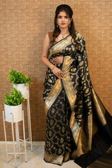 Banarasi Art Katan Silk Saree With Zari Jaal Weaving-Black