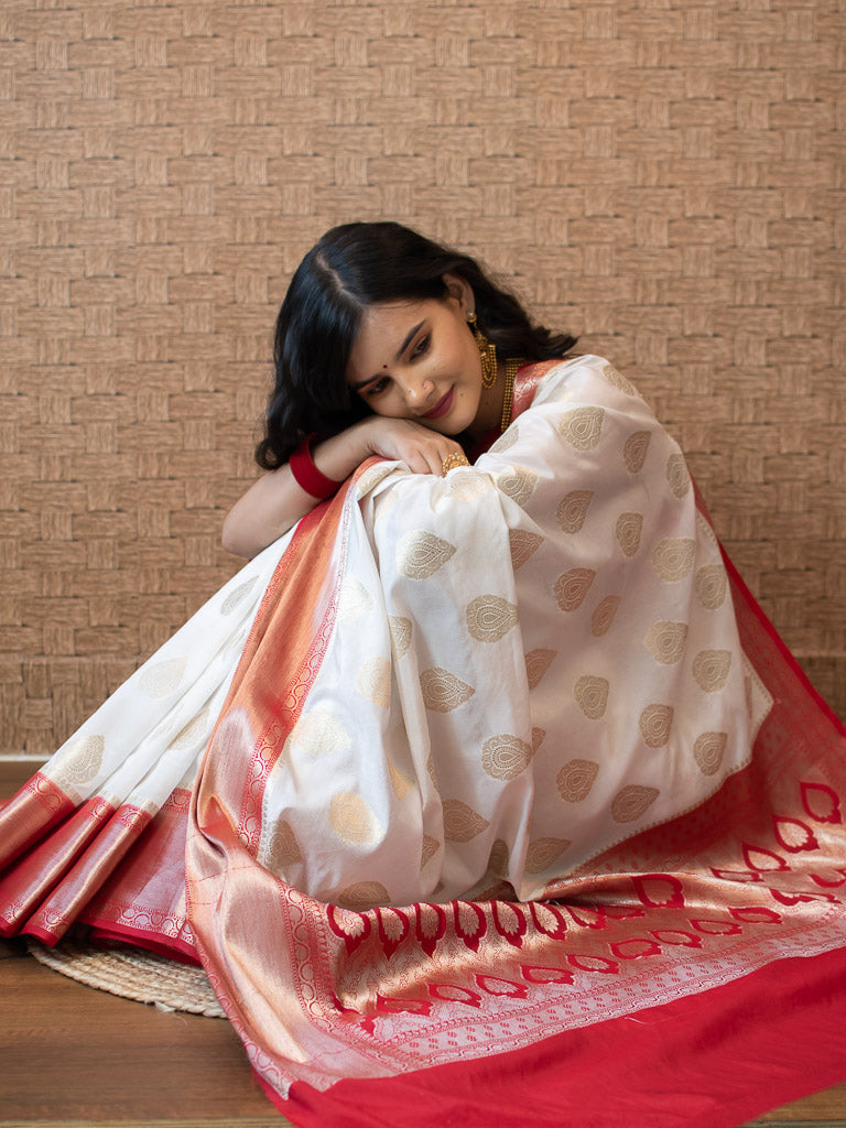 Banarasi Semi Silk Saree With Zari Buta Weaving-White & Red