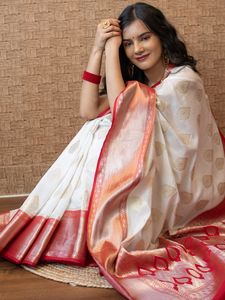 Banarasi Semi Silk Saree With Zari Buta Weaving-White & Red