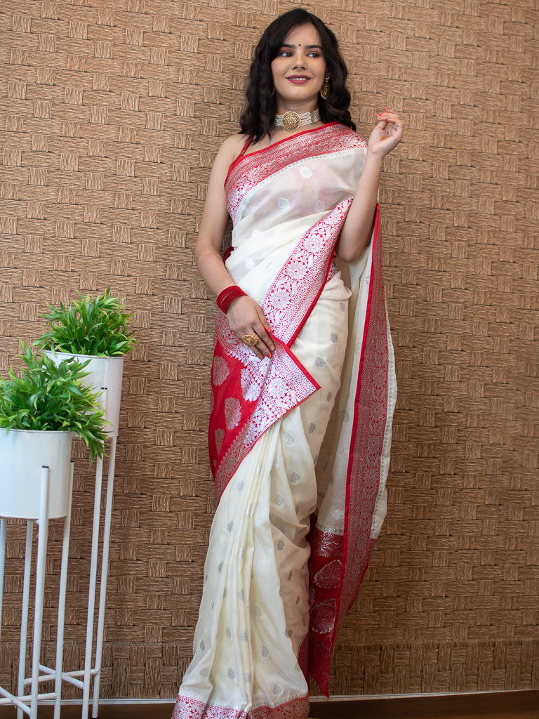 Banarasi Semi Chiffon Saree Silver  Zari Buti Weaving-White & Red