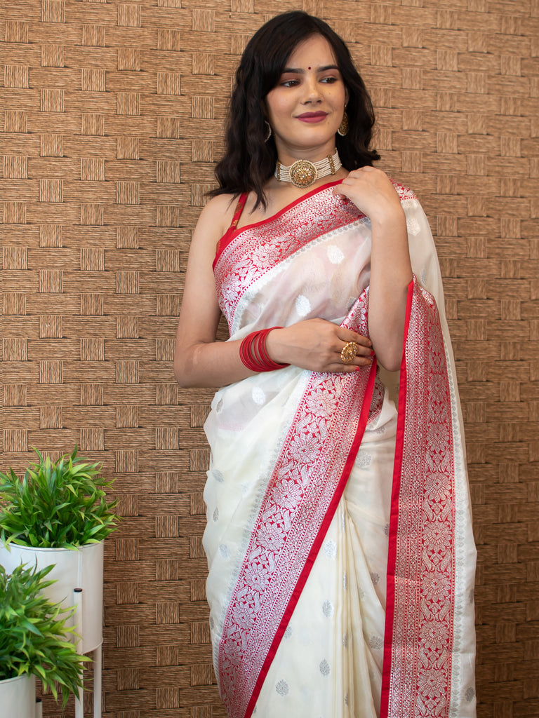 Banarasi Semi Chiffon Saree Silver  Zari Buti Weaving-White & Red
